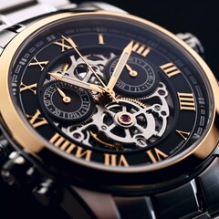 A macro photograph of a luxury watch, capturing the fine details of the watch face and the craftsmanship . Generative AI
