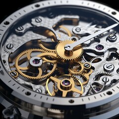 A macro photograph of a luxury watch, capturing the fine details of the watch face and the craftsmanship . Generative AI