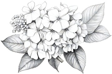 Hydrangea black lines stroke art on white background Generative AI