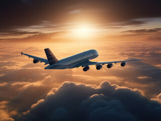 Fototapeta na wymiar An airbus a380 flying above the clouds at a sunset. Generative AI