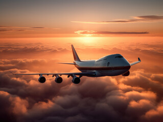 Fototapeta na wymiar A Boeing 747 flying above the clouds at a sunset. generative AI