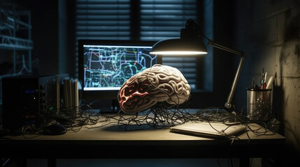 a human brain connected with electrodes to a desktop computer on a table in large office at night. Generative AI