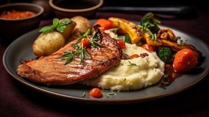 Cotoletta alla Milanese with mashed potatoes and a side of grilled vegetables
