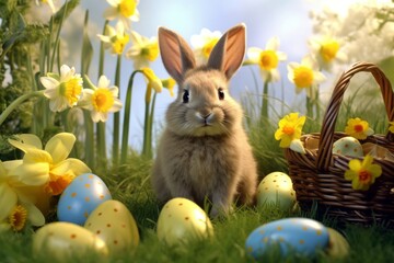 A bunny nestled in a lush meadow adorned with daffodils, tulips, and colorful Easter baskets, evoking a sense of serenity and the joy of Easter celebrations. 3d render. Generative AI