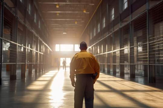 An image featuring a correctional officer in uniform, patrolling or interacting with inmates, highlighting their role in maintaining order and security within the prison. Generative AI