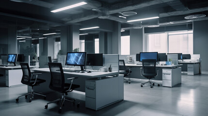 Fototapeta na wymiar modern open space office with computer monitors on white desks. Ai Generative