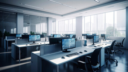 modern open space office with computer monitors on white desks. Ai Generative