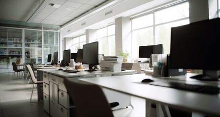 Fototapeta na wymiar modern open space office with computer monitors on white desks. Ai Generative