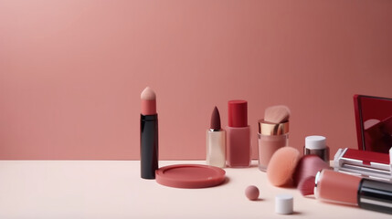 Fashion woman make up product, brushes, lipstick, nail polish layout. AI Generative