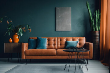 Minimalist living space leather couch big windows. AI Generative