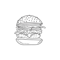 Tasty big burger with sesame bun with cheese, salad, pork or beef chop cutlet with onion, tomato in black isolated on white background. HAnd drawn vector sketch illustration in vintage engraved style.