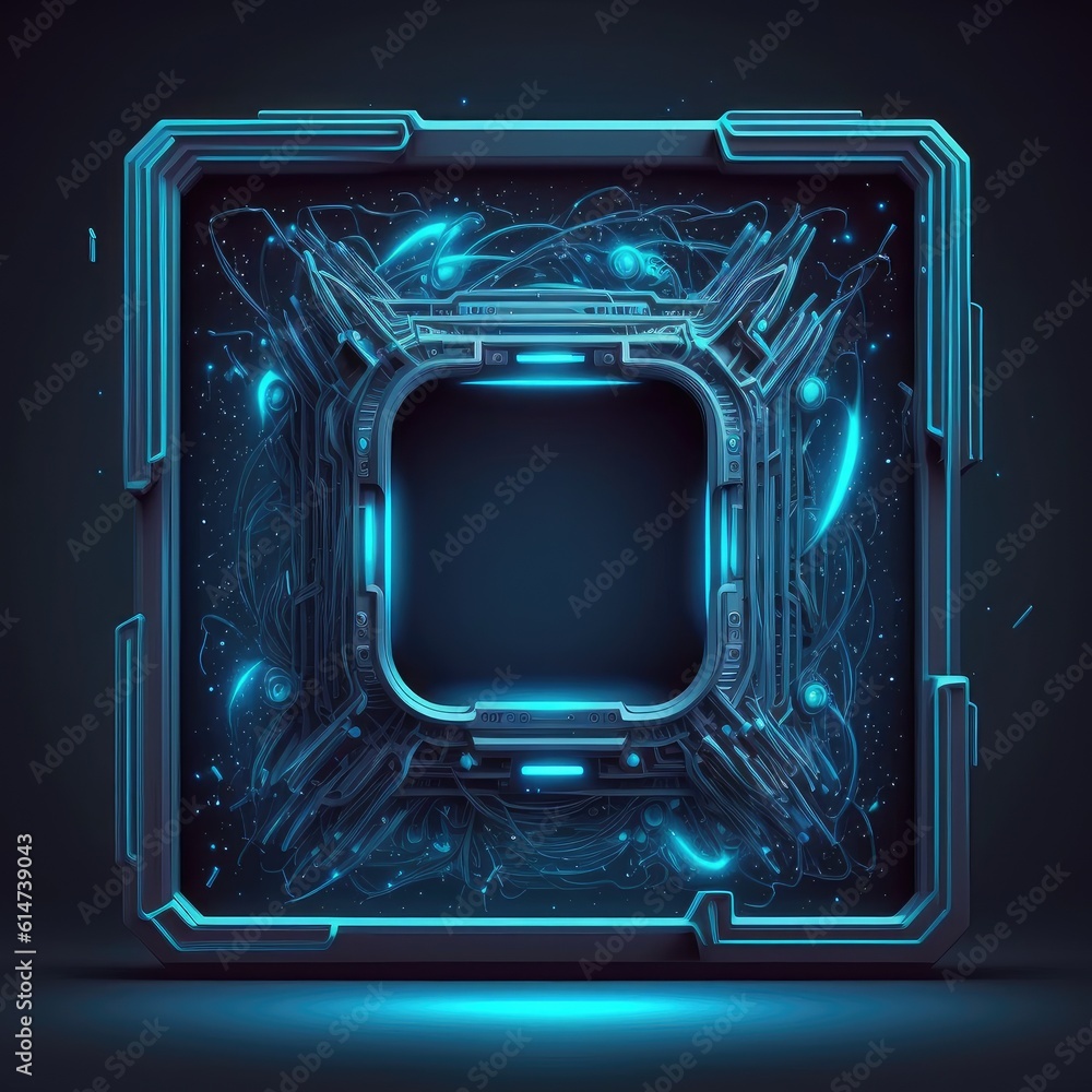 Poster abstract of glowing futuristic square frame illuminated with neon blue color light. concept of futur
