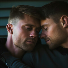 Fototapeta premium A moody, high-angle photograph captures a gay couple close-up, their eyes serving as the focal point, conveying love and intimacy with smooth textures and soft, romantic lighting.