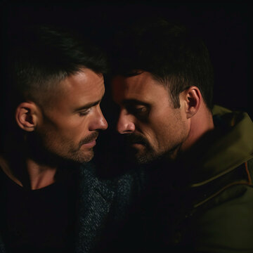A moody, high-angle photograph captures a gay couple close-up, their eyes serving as the focal point, conveying love and intimacy with smooth textures and soft, romantic lighting.