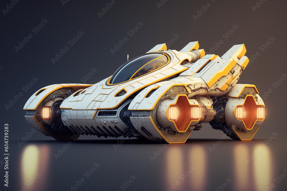 Poster wondrous high-speed small sci-fi spaceship racer with powerful engine for interstellar travel and sp