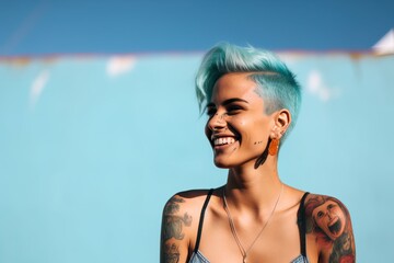 Portrait of a lady with tattoos in a blue background