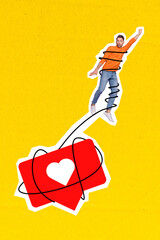Vertical collage picture of mini guy raise fist flying tied rope huge like notification isolated on...