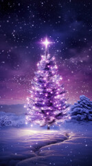 Illustration of a magical winter wonderland Christmas tree in dark blue and violet colors. Generative AI