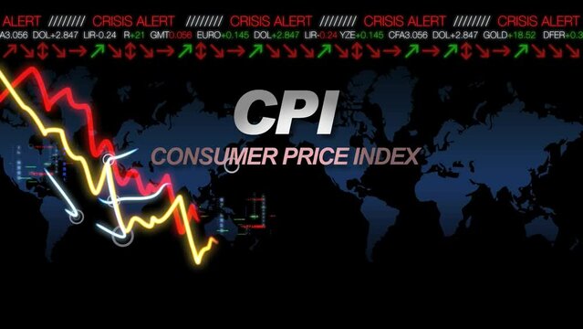 CPI Consumer price index inflation prices market consumption wages salary chart display screen numbers crack crash graph blueprint finance diagram animation alert money investor world