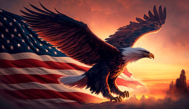 The US symbols of American eagle and the flag of the United States of America with sunset on the background. Generative AI