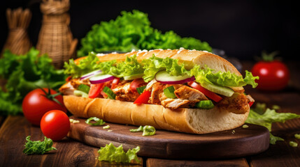 Half of a baguette with chicken, leaf salad, cucumber, pepper, and tomatoes in a dark background. Generative AI.