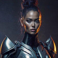 futuristic portrait photo of beautiful woman in armor suit, generative AI