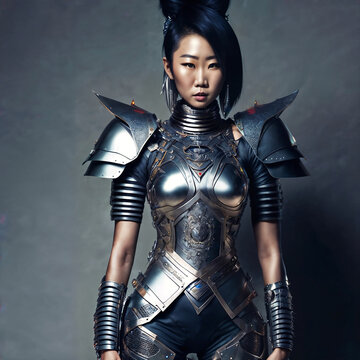 futuristic portrait photo of beautiful woman in armor suit, generative AI