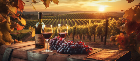 Sunset over wineyard as red grapes are ripe, and a bottle of wine with two glasses poured are on a wooden box. Generative AI - 614740661