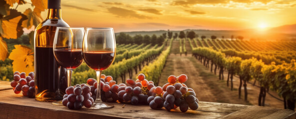 Fototapeta premium Viticulture banner with red wine bottle and glasses, grapes and sunset over wineyards. Generative AI