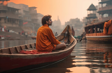 Obraz premium Authentic Indian Culture: Man Enjoying a Sunset Boat Ride on the Ganges River - Ai Generative