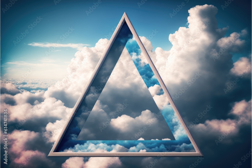 Poster frame made with covered white cloud in the sky in triangle shape. concept of luxurious fantasy windo