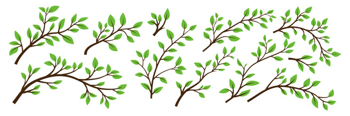 Tree Brunch Icon Set Isolated. Flat Cartoon Simple Twig with Green Leaves Collection. Design Decorative Elements. Spring, Summer Leaves, Brunches, Plants, Leaves, Herbs. Vector Illustration - obrazy, fototapety, plakaty