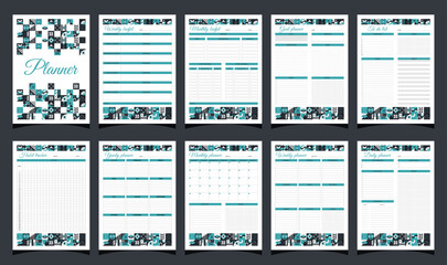 Planners set geometry. Daily, weekly, monthly, yearly, habit tracker, to do list, goal, monthly budjet, weekly budjet and cover.  Planners printable template with geometric shapes. 
