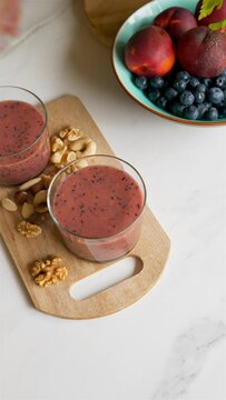Fresh smoothie on wooden tray with berries and walnuts, nuts, vertical shot