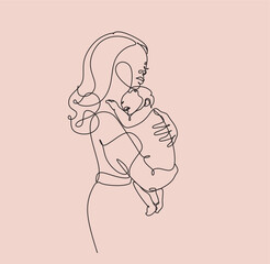 Abstract motherhood continuous line art. Young mom hugging her baby. Hand drawn illustration for Happy International Mother's Day card, loving family, parenthood childhood concept