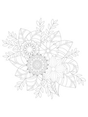 
   Flowers  Leaves Coloring page Adult.Contour drawing of a mandala on a white background.  Vector illustration Floral Mandala Coloring Pages, Flower Mandala Coloring Page, Coloring Page For Adul