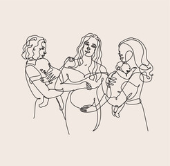 Maternity concept line art illustration. Pregnant women, woman with a newborn baby. Motherhood, maternity, hand drawn style vector illustrations.