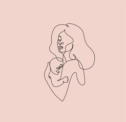 Abstract motherhood continuous line art. Young mom hugging her baby. Hand drawn illustration for Happy International Mother's Day card, loving family, parenthood childhood concept