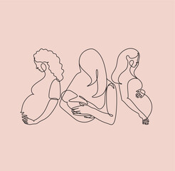 Maternity concept line art illustration. Pregnant women, woman with a newborn baby. Motherhood, maternity, hand drawn style vector illustrations.