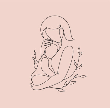 Abstract motherhood continuous line art. Young mom hugging her baby. Hand drawn illustration for Happy International Mother's Day card, loving family, parenthood childhood concept