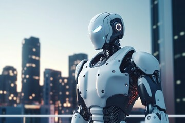 humanoid robot on the background of a big city. the concept of the future. generative ai.