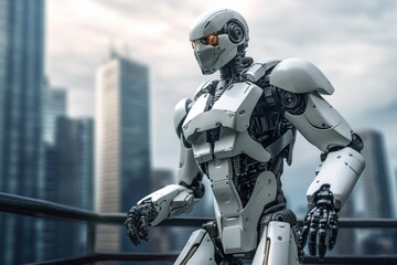 Fototapeta premium humanoid robot on the background of a big city. the concept of the future. generative ai.