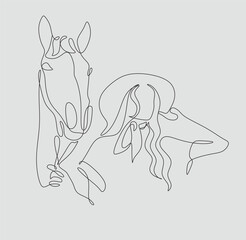 Cowboy girl in hat line art vector minimalist logo. Abstract Woman and Horse. Girl and horse line drawing 