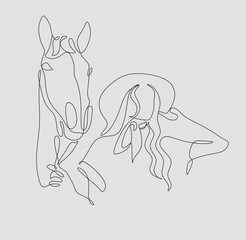 Cowboy girl in hat line art vector minimalist logo. Abstract Woman and Horse. Girl and horse line drawing 