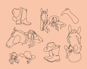 Fototapeta na wymiar Western woman in a cowboy hat. Cowboy girl in hat line art vector minimalist logo. Abstract Woman and Horse. Girl and horse line drawing 