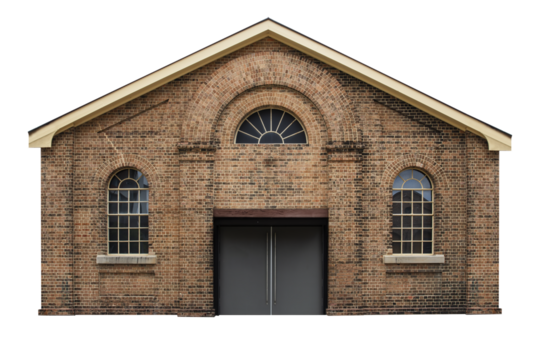 Cutout of an isolated old red brick warehouse with the transparent png 