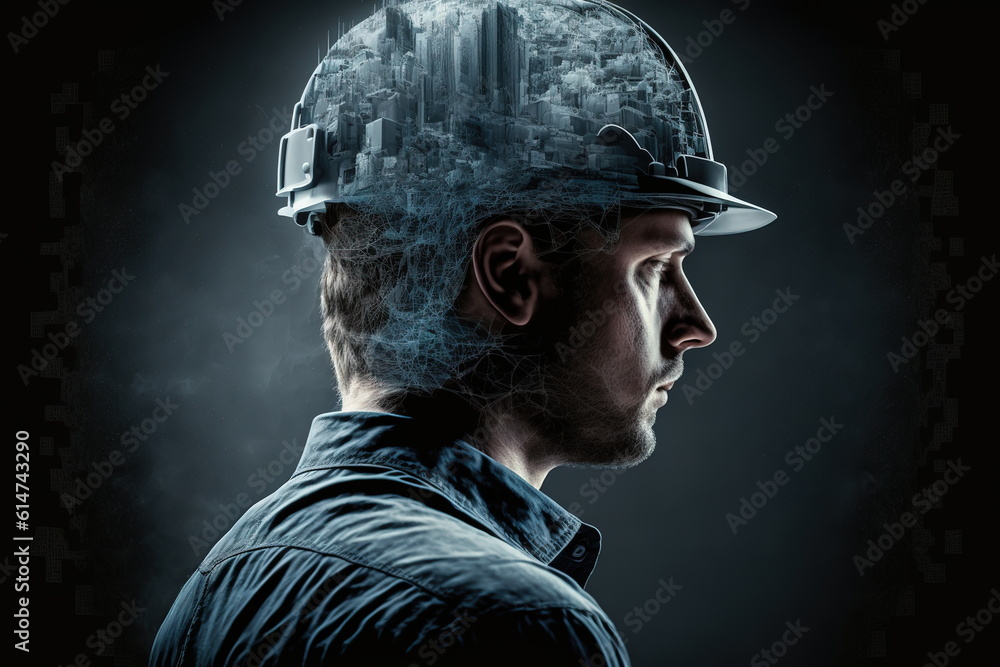 Poster civil engineer portrait as concept for building construct by professional with hardhat helmet engine