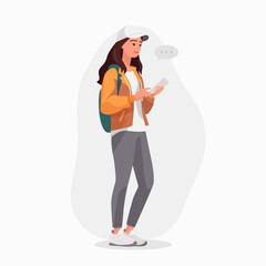 Young Girl, Woman is Looking on Smartphone and Chatting. Happy Girl, Women is Typing on Phone. Full Body Flat Cartoon Character in Casual Clothes. Vector Illustration