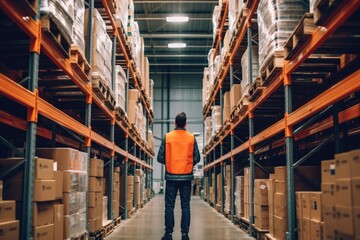 The expertise and supervision of a warehouse manager with a back view shot of a specialist working inside a storage facility. Generative AI