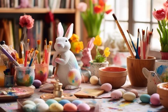A charming scene depicting a bunny artistically painting Easter eggs in a cozy and colorful studio, surrounded by paints, brushes, and whimsical decorations. Concept spirit of Easter. Generative AI